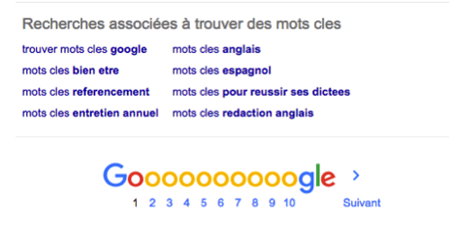 Capture d'écran du moteur de recherche Google proposant des recherches associés