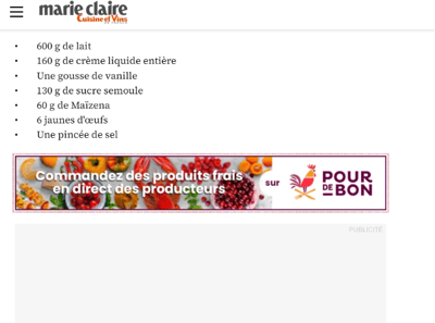 Sur cette capture d’écran, une annonce intégrées au site Marie Claire Cuisine et Vins