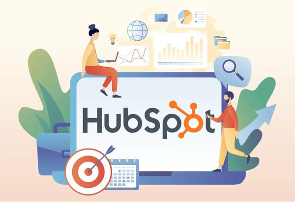Sur l'illustration nous voyons 2 personnages autour du logo HubSpot