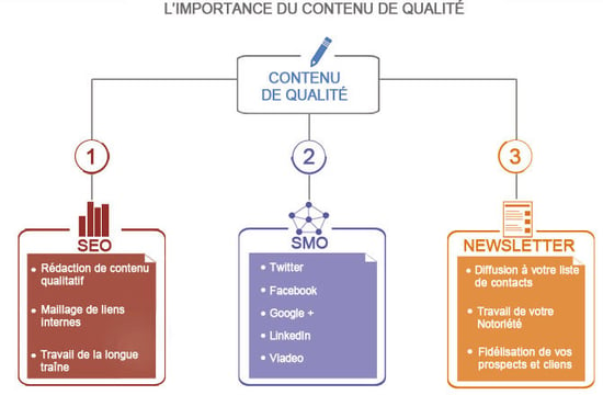 Schéma illustrant les divers leviers pour attirer le client (SEO, SMO, Newsletter)