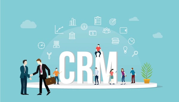 Illustration avec le mot CRM au centre et des petits personnages qui sont les acteurs d'un CRM 