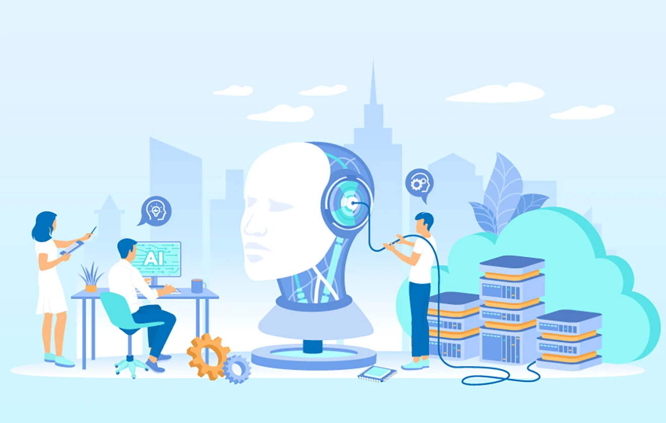 Sur l'illustration,  3 personnages interrogent et travaillent avec une intelligence artificielle représentée par une tête de robot.